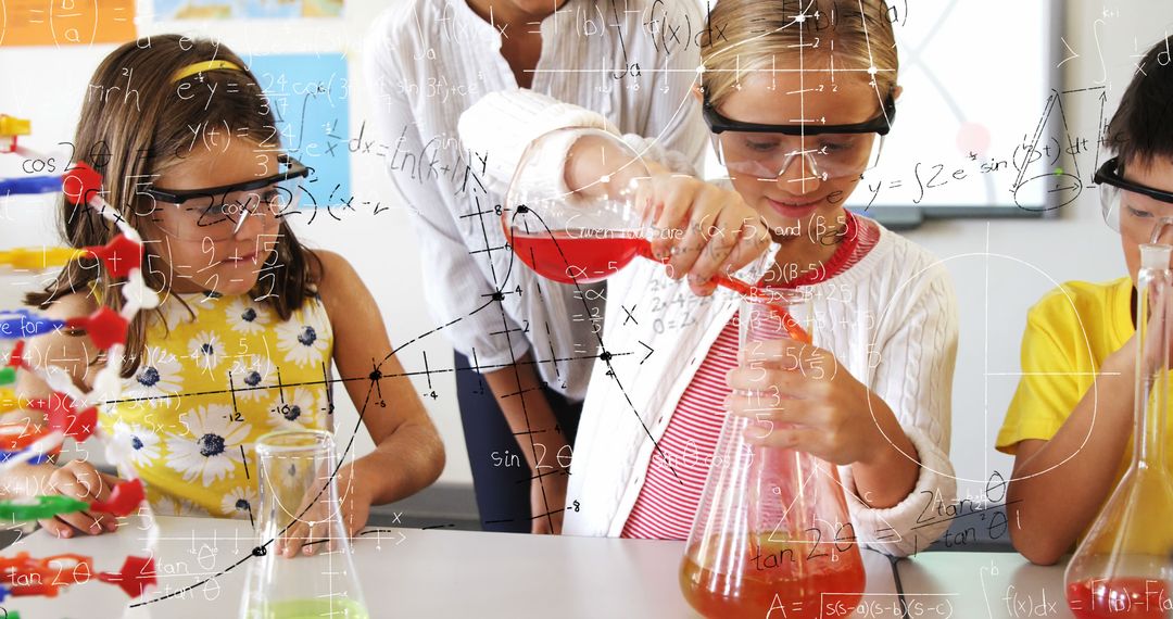 Image of mathematical equations on caucasian girl performing experiment in laboratory at school - Free Images, Stock Photos and Pictures on Pikwizard.com