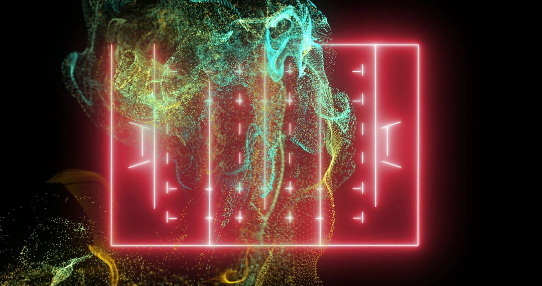 Illuminated Neon Rugby Field with Vibrant Particle Waves