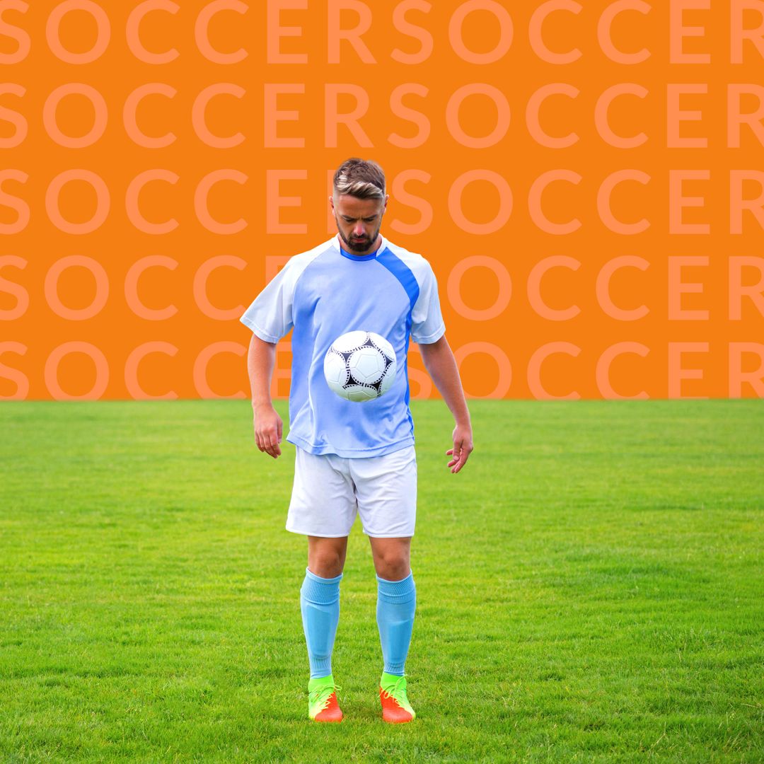 Soccer Player Juggling Ball on Field with Orange Background