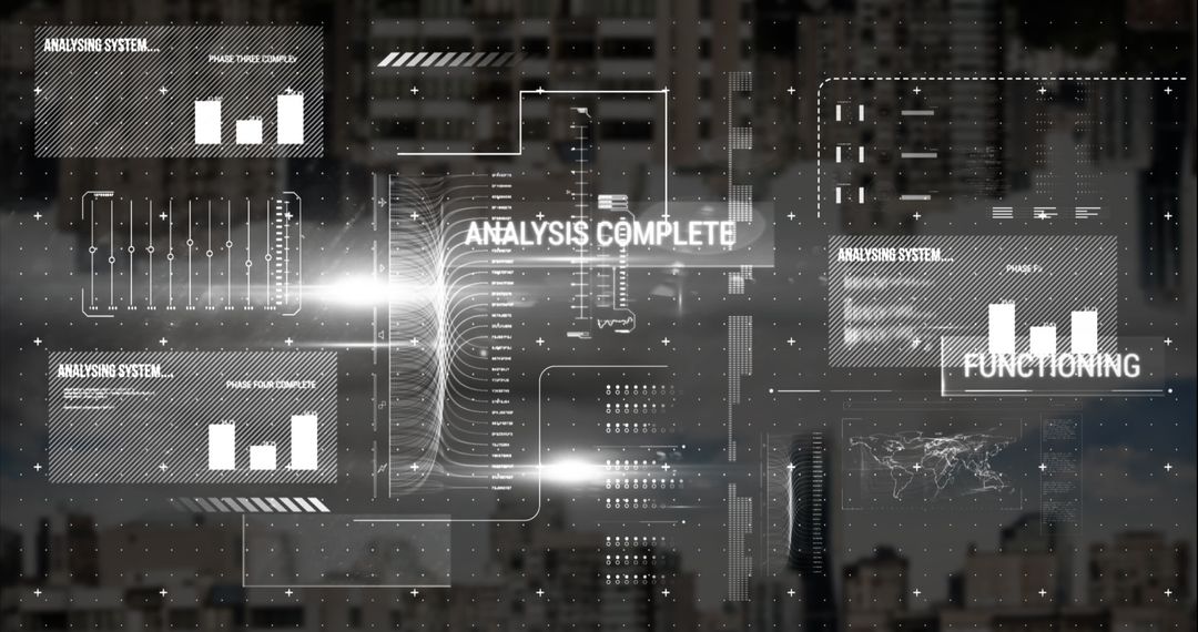 Futuristic Digital Dashboard Display Over Urban Skyline
