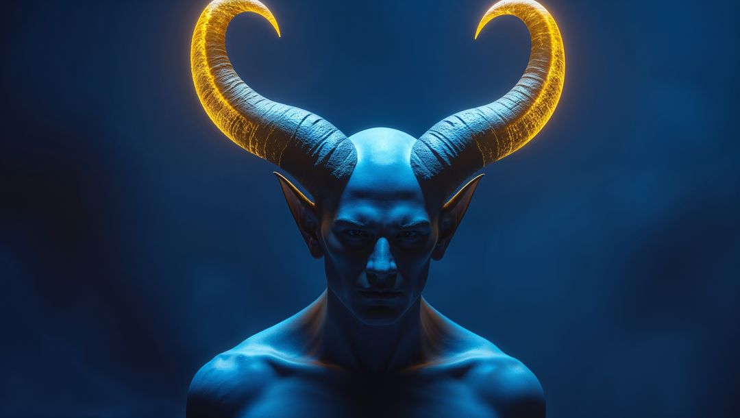 Mythical satan with glowing horns in mystical blue chamber