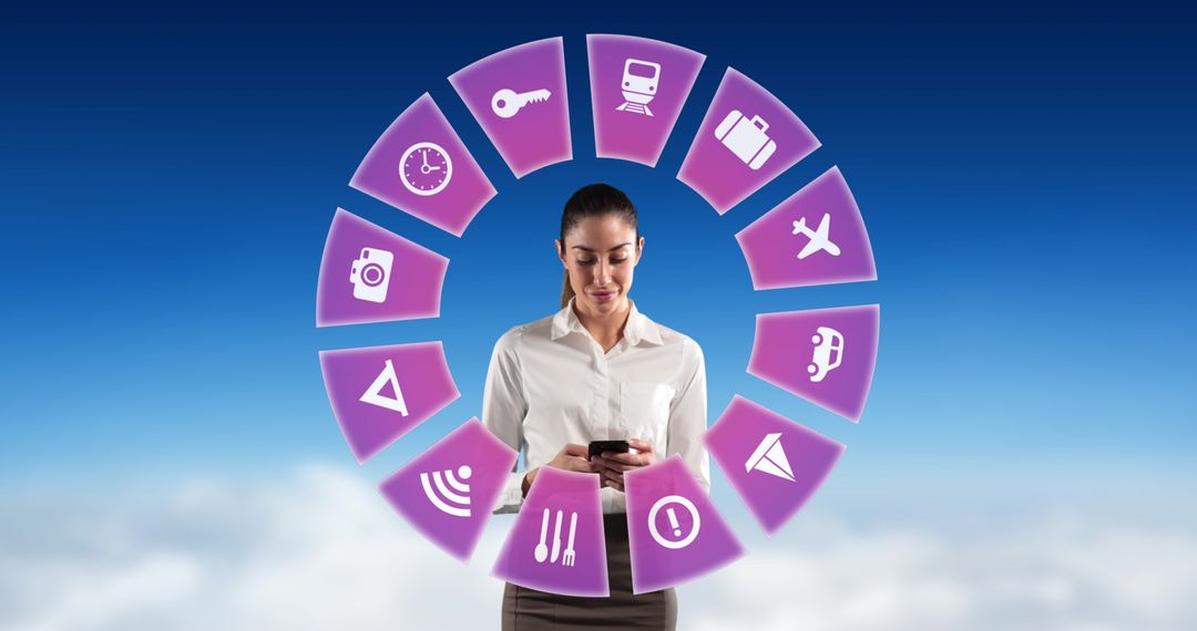 Woman Using Smartphone With Virtual Travel Icons