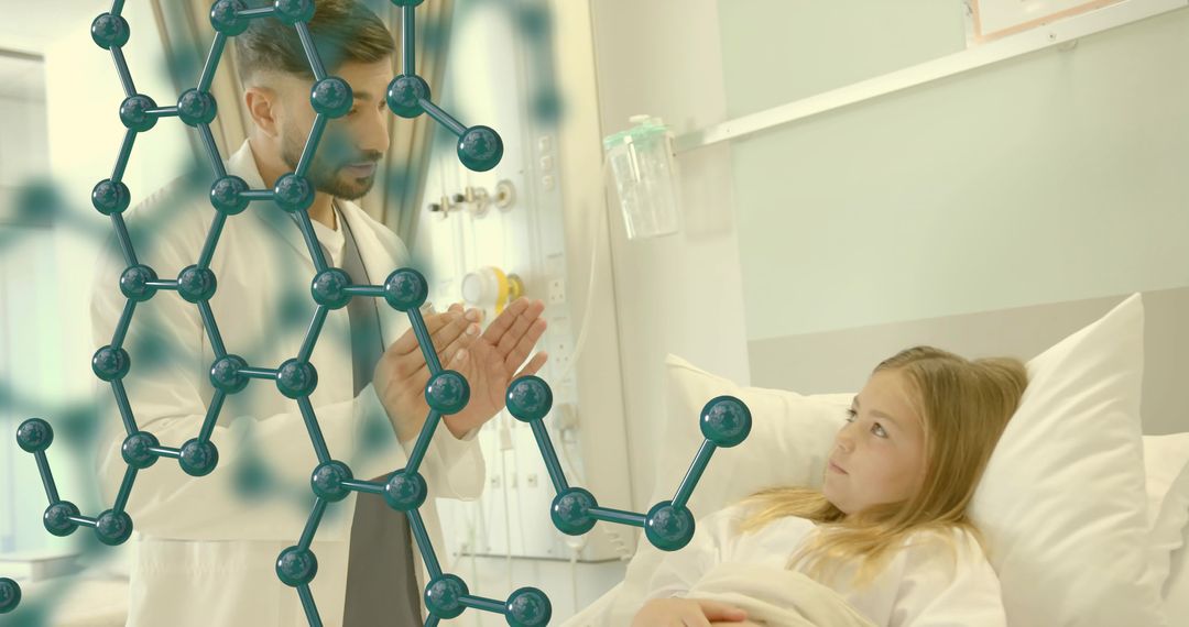 Pediatric clinician explaining molecular model to child patient in hospital bed