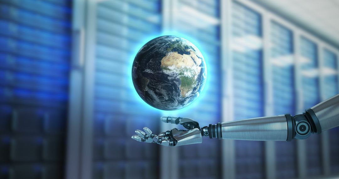 Robotic Hand Presenting Digital Earth in Futuristic Data Center