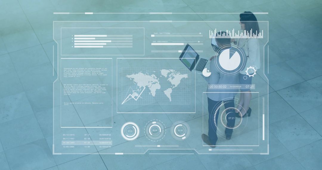 Business team walking atrium with laptop viewing futuristic HUD analytics overlay