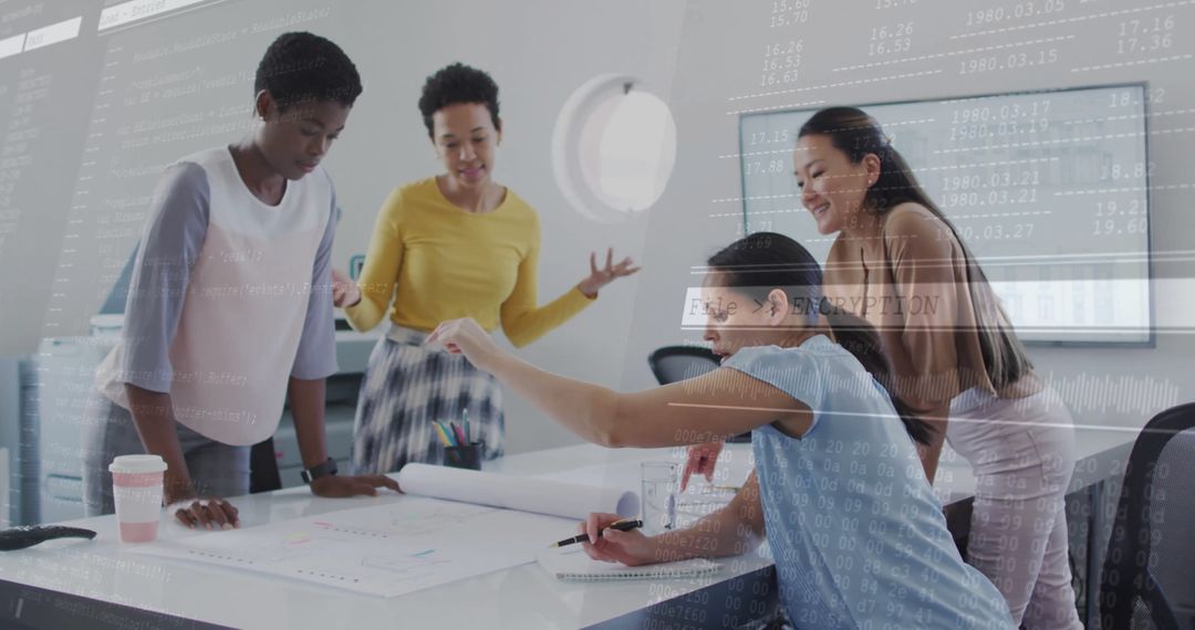 Diverse Team Collaborating on Architectural Blueprints in Modern Office