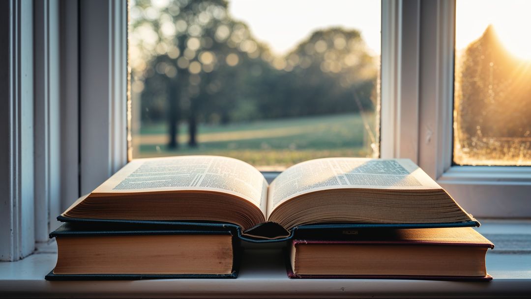 Open Book in Sunlight on Windowsill Evokes Cozy Reading Vibe