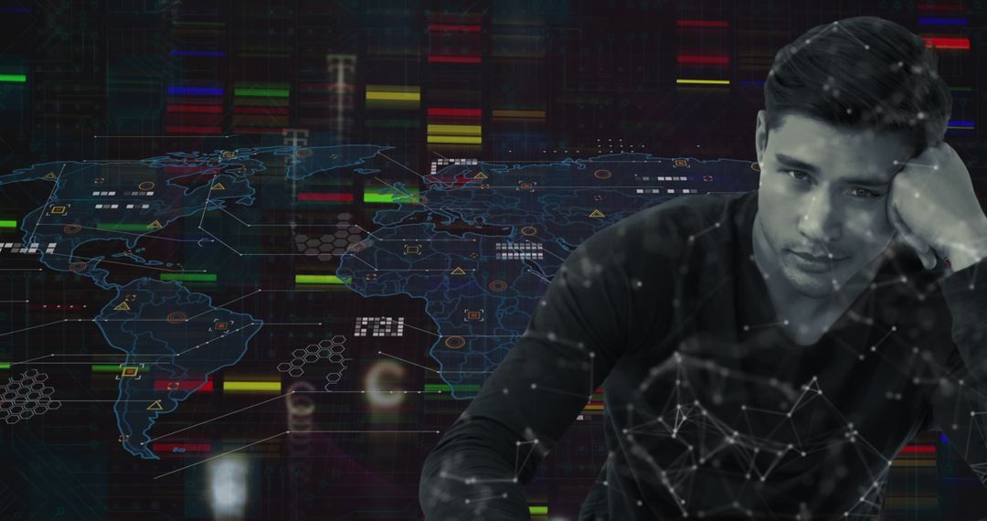 Worried Man with Global Data Processing and Connections