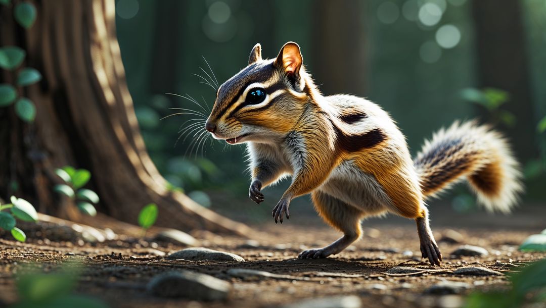 Chipmunk Exploring Peaceful Forest with Natural Bokeh Light