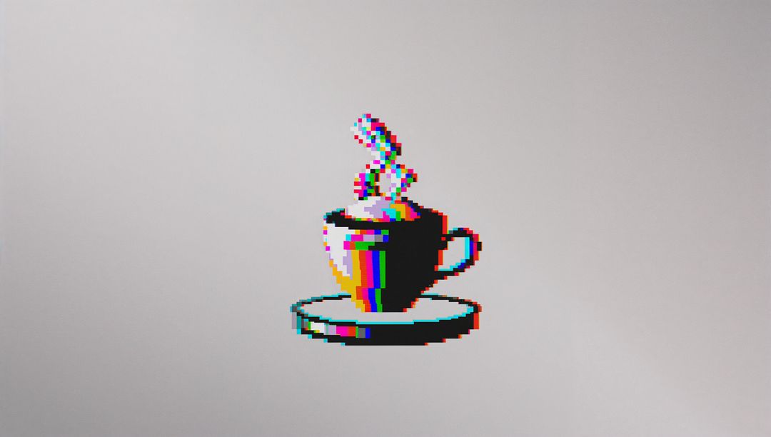 Pixel-art Coffee Cup with RGB Glitch Steam on Pale Gray Background Minimalist Retro 8-bit