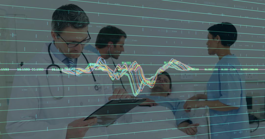 Doctors Analyzing Patient Data in Hospital Room with Health Graph Overlay