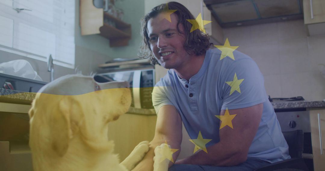 Man Playing with Dog in Kitchen with European Union Flag Overlay