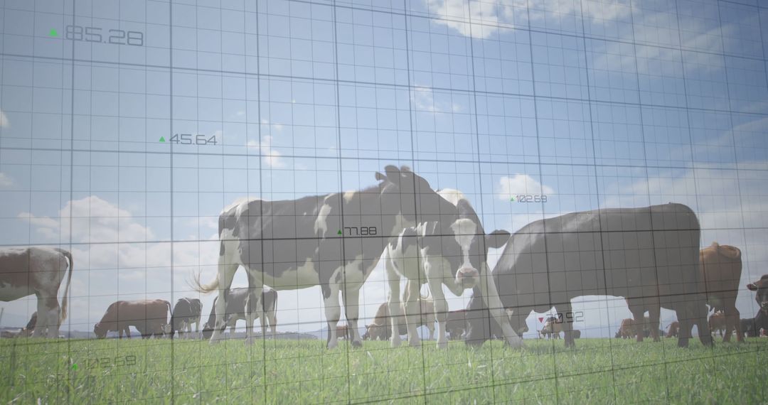 Cows Grazing on Farm Pasture with Digital Data Overlay