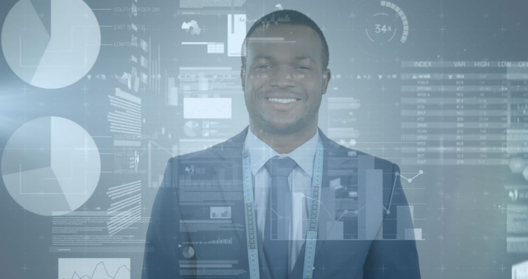 Tech-Savvy Businessman Analyzing Data with Virtual Infographics