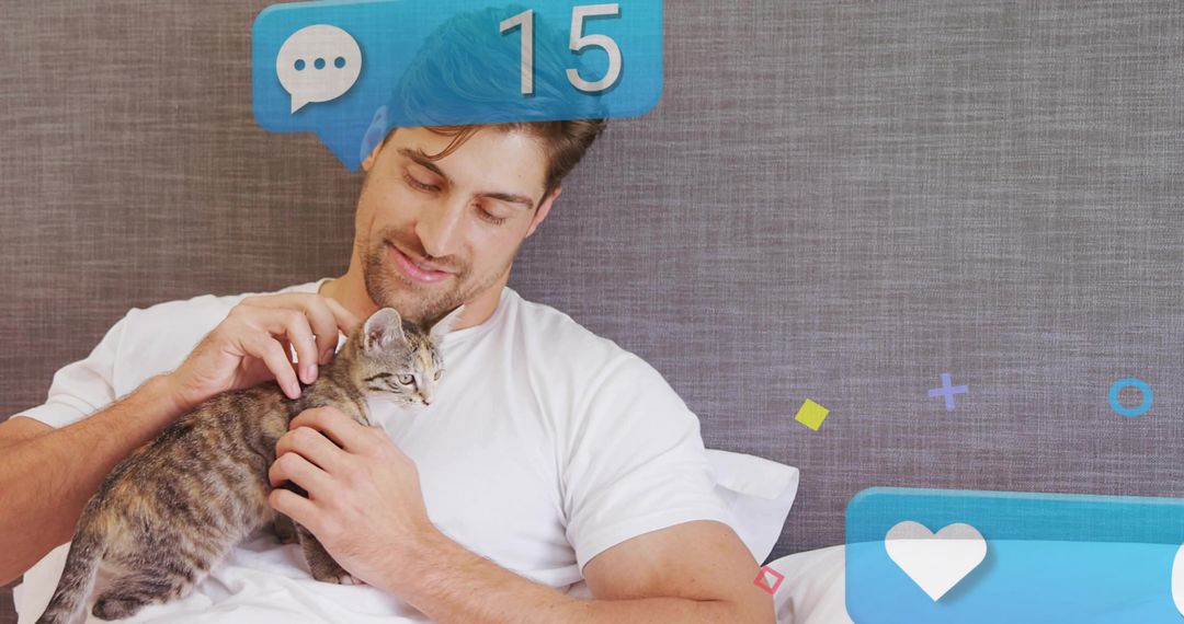 Man Relaxing in Bedroom Petting Cat with Digital Notifications Overlay