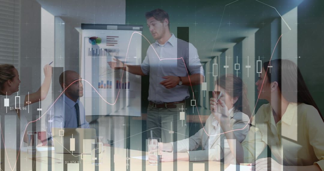 Global Business Meeting with Digital Financial Analytics Overlay