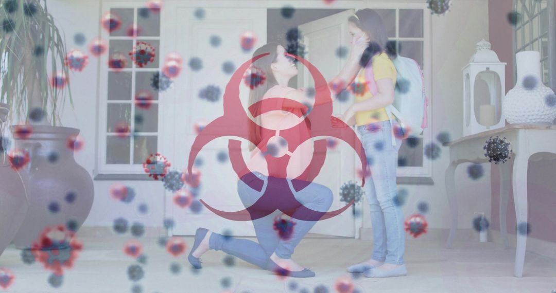 Parent Adjusting Child's Backpack with Biohazard Overlay for Safety Theme