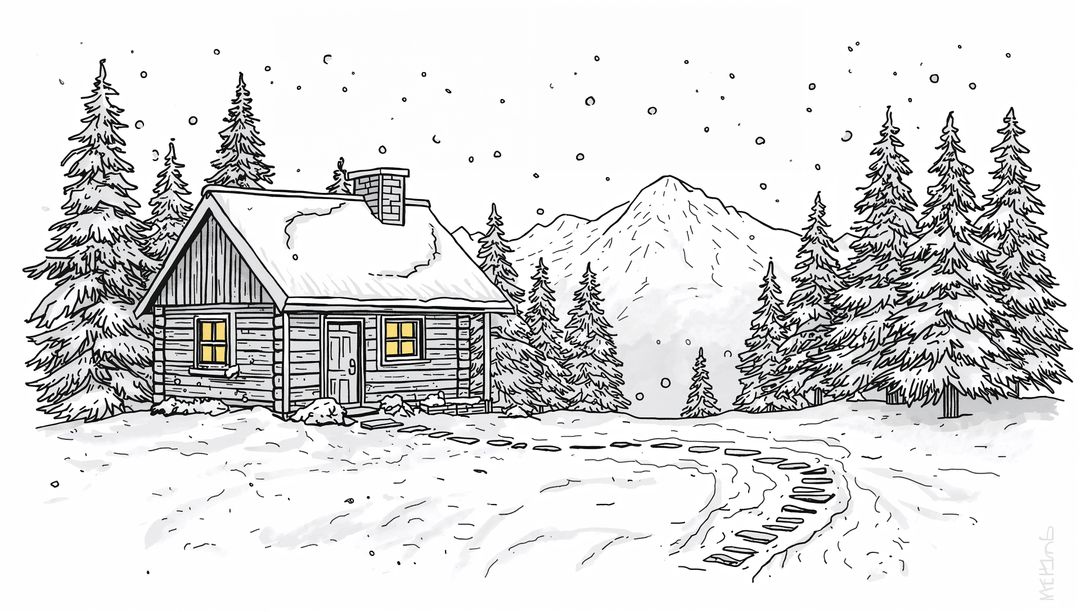 Cozy log cabin glowing from warm windows in snowy pine clearing with mountain backdrop