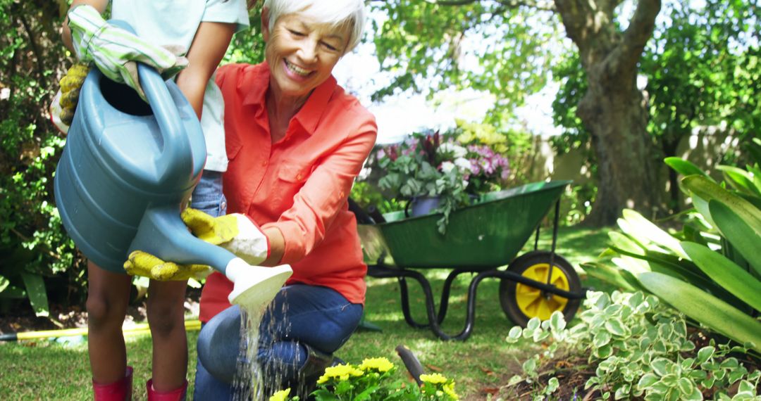 Senior Woman Teaching Grandchild Gardening in a Lush Backyard - Free Images, Stock Photos and Pictures on Pikwizard.com