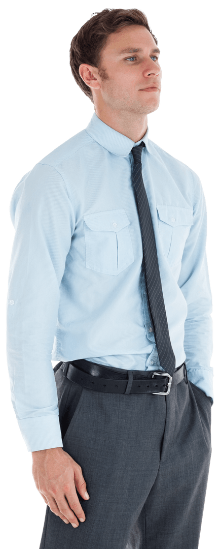 Transparent Businessman in Blue Shirt Standing with Hand in Pocket