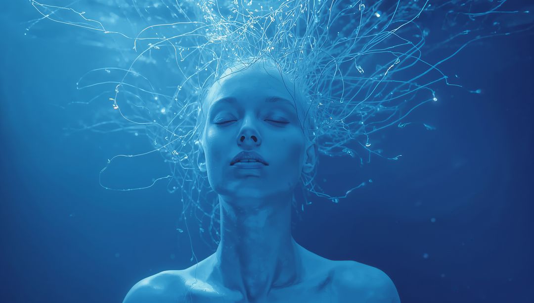 Floating Woman Surrounded by Bioluminescent Filament Halo in Ethereal Blue
