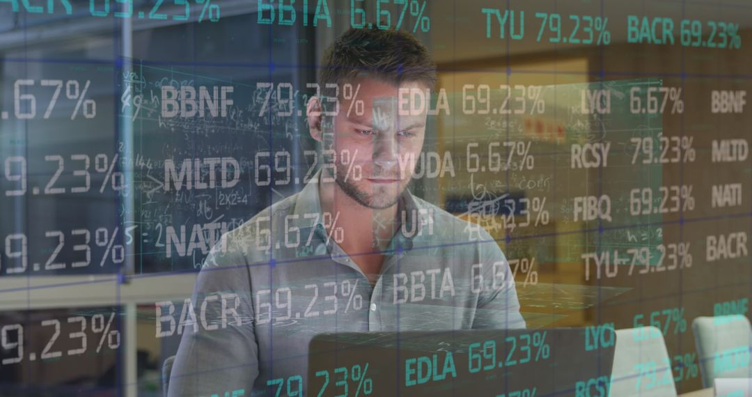 Caucasian Businessman Analyzing Digital Data in Modern Office