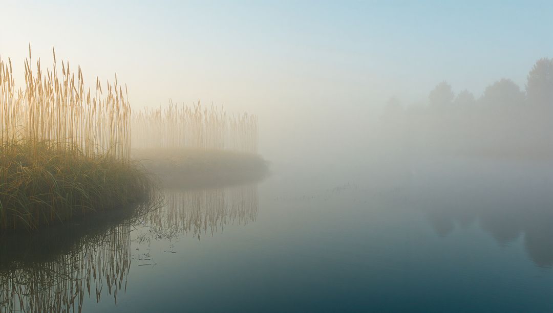 Misty Dawn Serenity Over Calm Lake with Tall Reeds