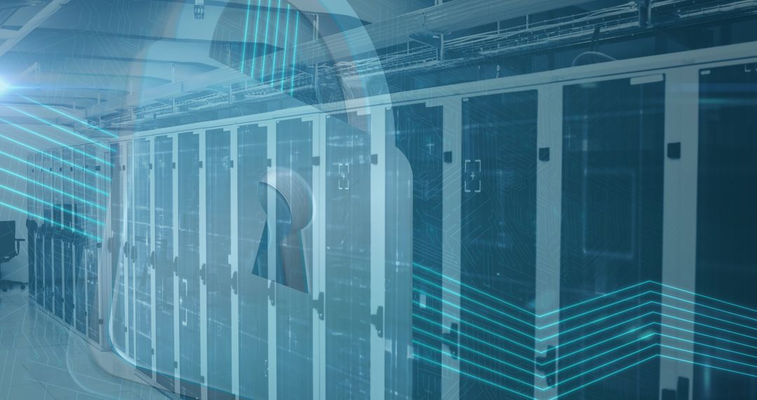 Digital Security Concept with Server Room and Padlock Overlay