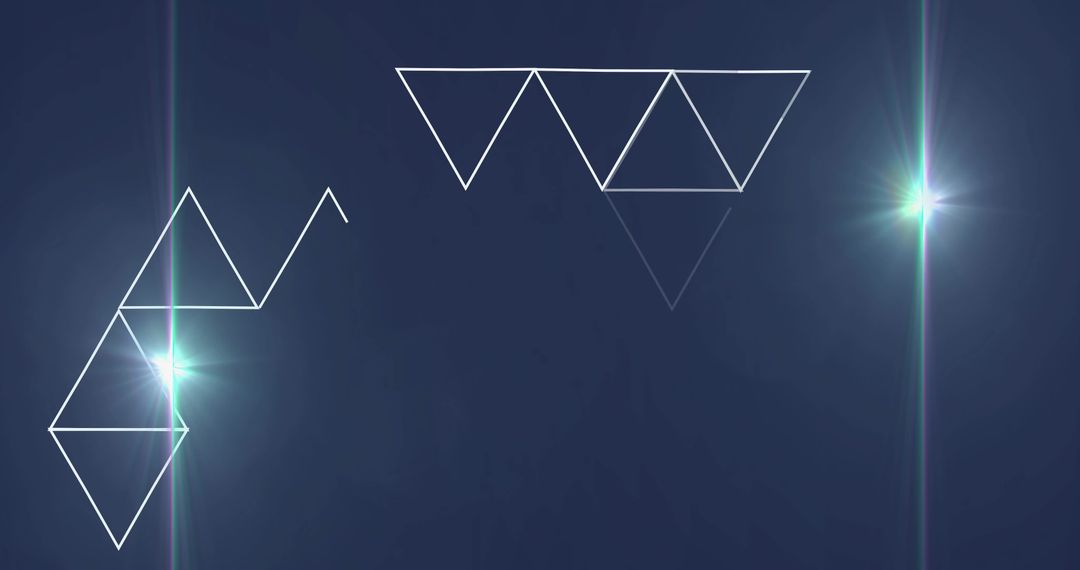 Floating white wireframe triangle cluster with cyan starbursts on deep blue gradient
