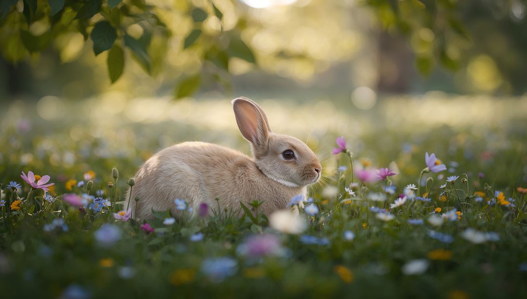 Sunlit Tan Rabbit Resting in Wildflower Meadow at Golden Hour, Spring Tranquility