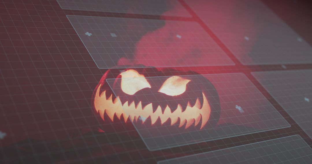 Glowing Jack-o'-Lantern with Menacing Carved Face on Futuristic Grid Emitting Red Smoke