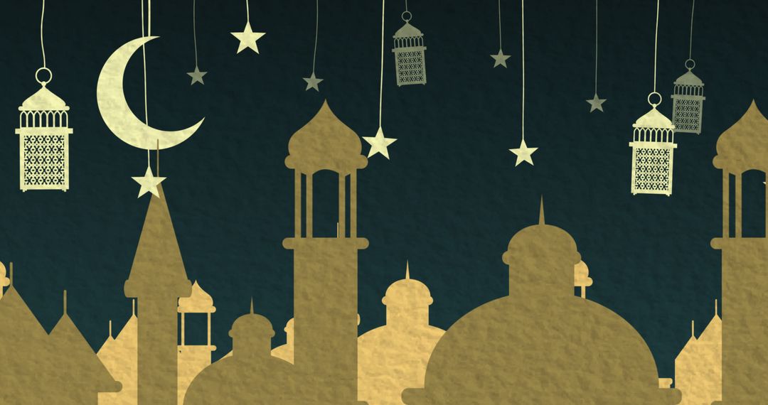 Gold Cut Out Islamic Cityscape at Night with Moon, Stars, and Lanterns - Free Images, Stock Photos and Pictures on Pikwizard.com