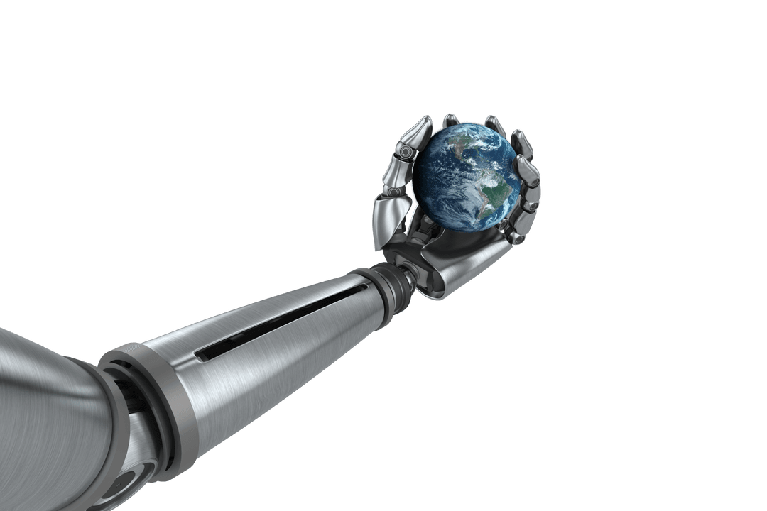 Chrome Robotic Hand Holding Transparent Globe Celebrating Technological Evolution