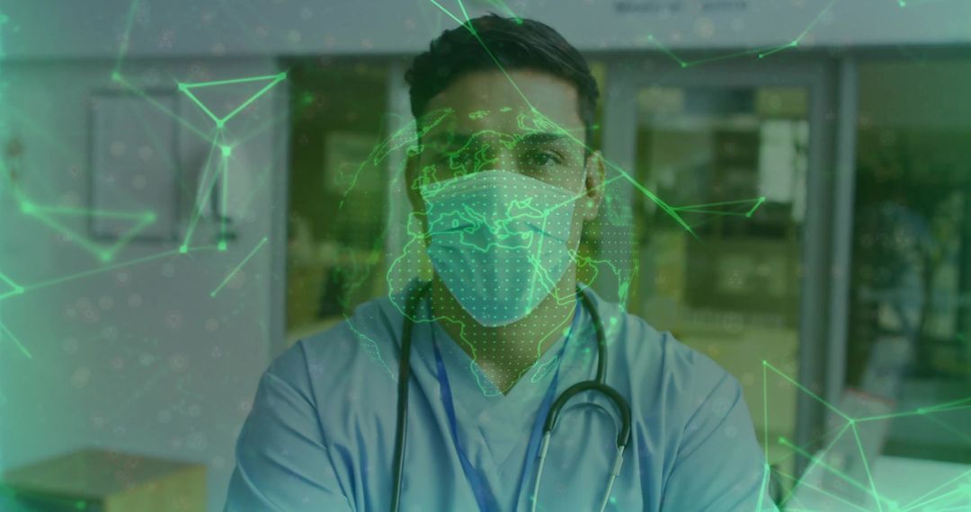 Doctor in Scrubs with Futuristic Digital Technology Overlay