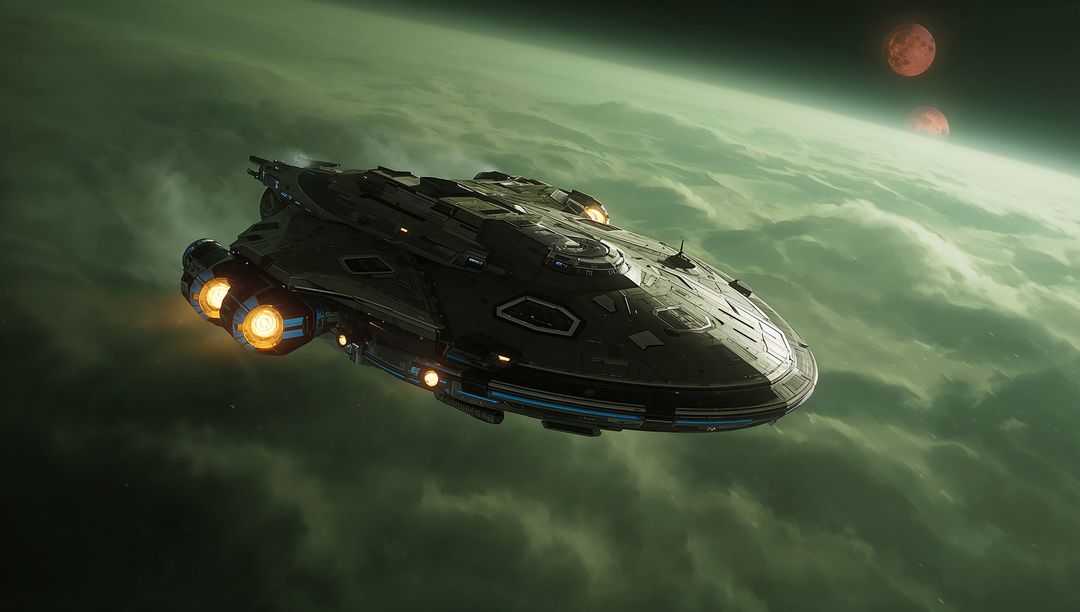 Disc Cruiser Gliding Above Emerald Atmosphere with Engine Glow and Twin Moons