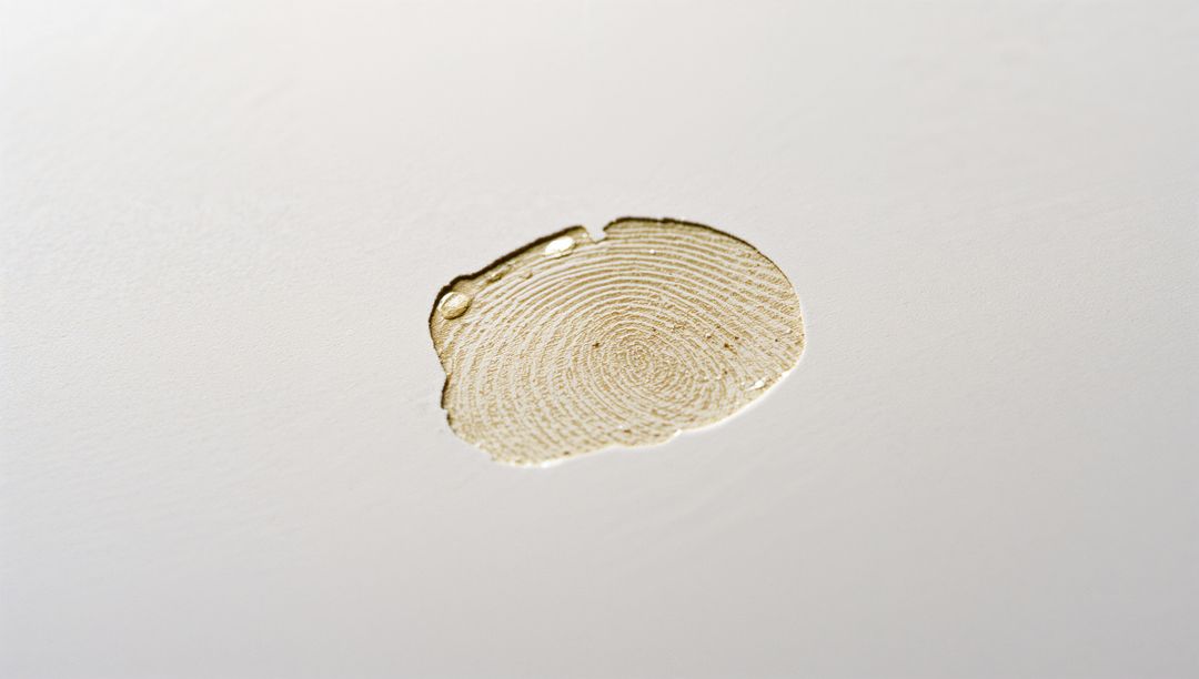 Macro amber droplet with concentric rings and fingerprint texture on white surface