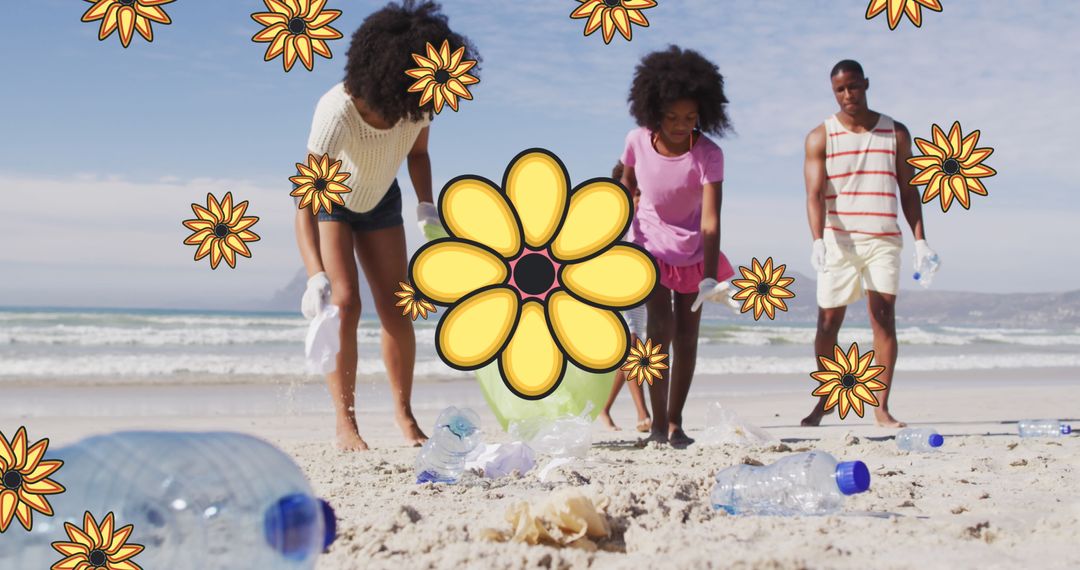 Volunteers on Beach Picking Litter Community Clean Up