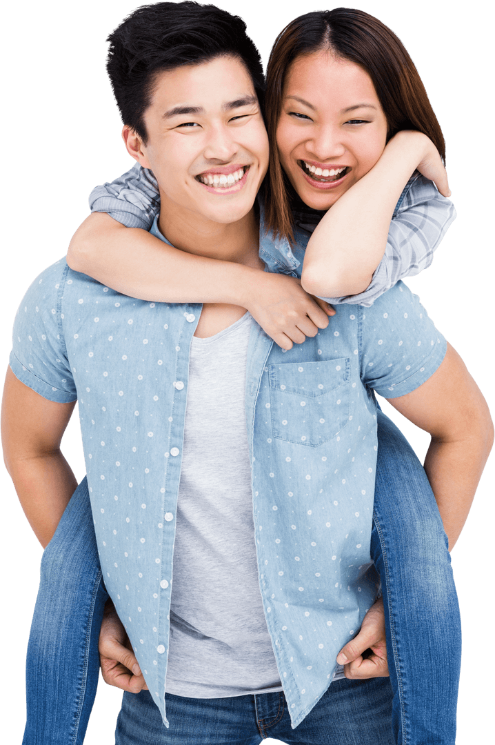 Smiling Couple Enjoying Piggyback Ride with Transparent Background