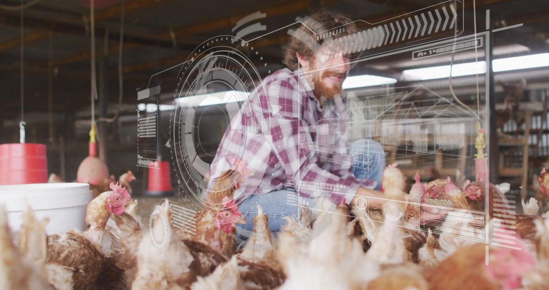 Man with Virtual Interface Feeding Hens in Smart Poultry Barn