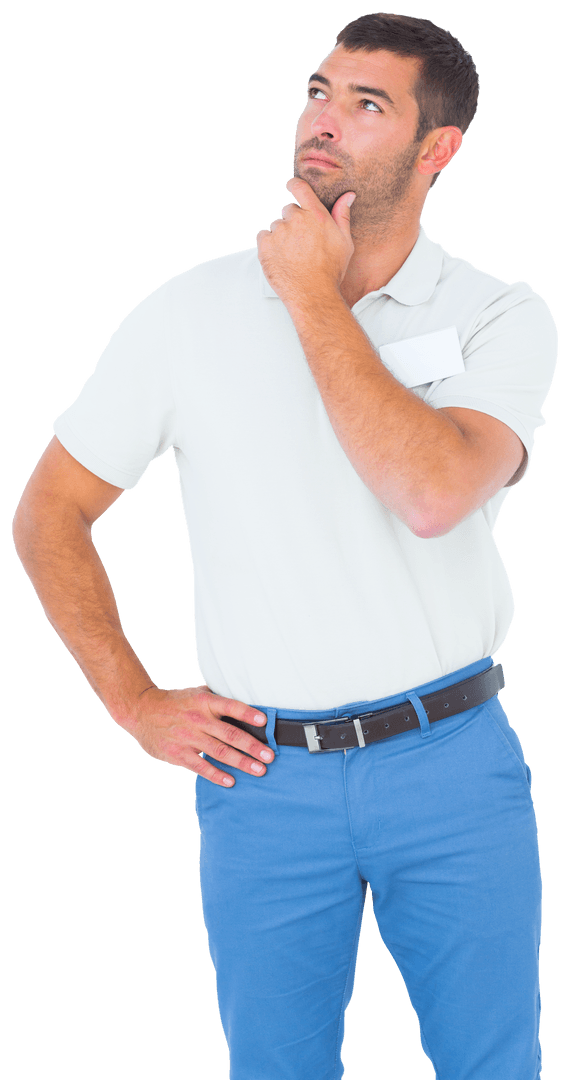 Transparent Caucasian Man Thinking Pose Chin Hand Upward Looking