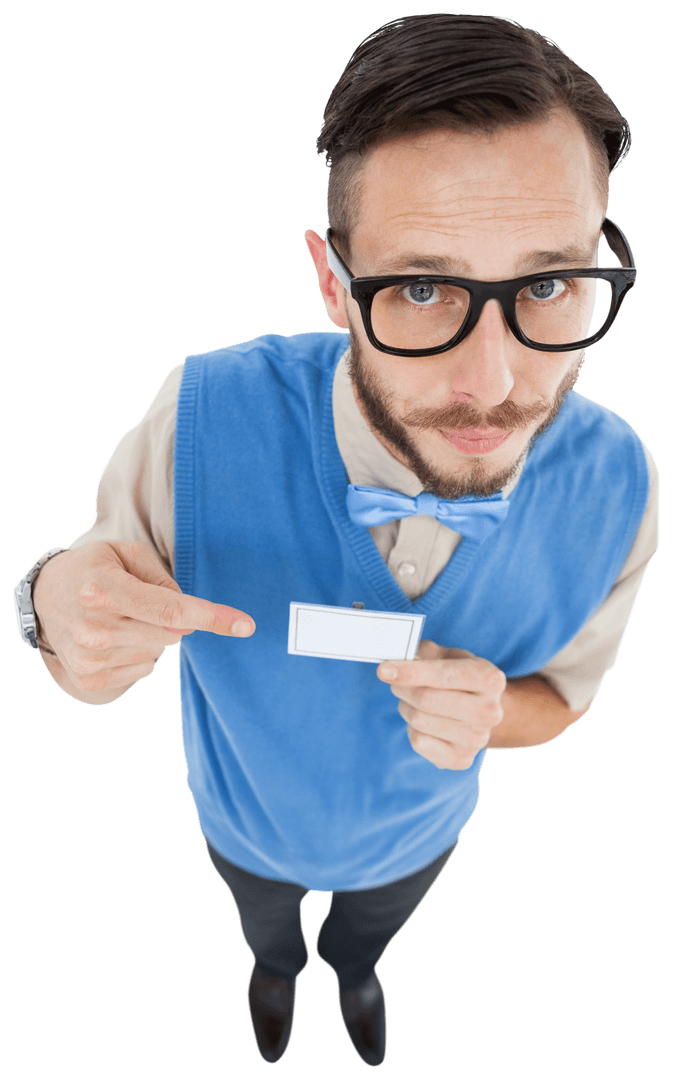 Geeky Hipster Pointing at Blank ID Card Wearing Blue Sweater Vest