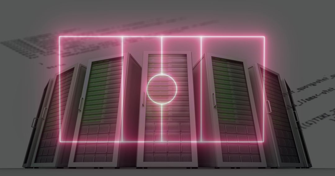 Futuristic Data Servers with Neon Pink Overlay in Modern Data Center