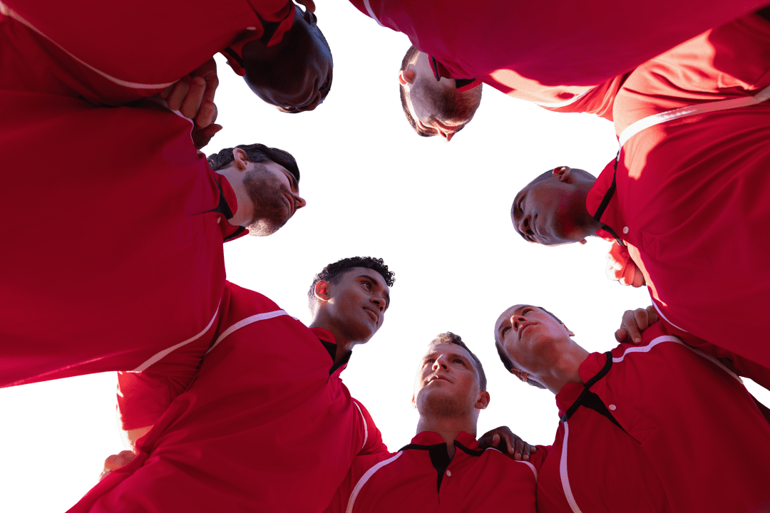 Transparent Low Angle Huddle of Diverse Team in Red Uniforms