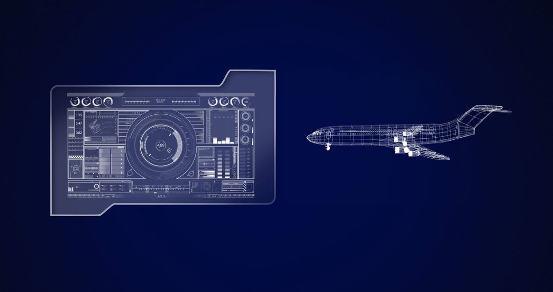 3D Airplane Blueprint with Technology Interface Overlay