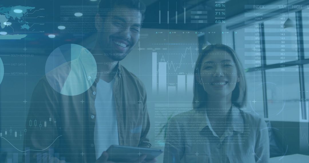 Diverse Business Team Analyzing Financial Data Insights with Technology Overlay