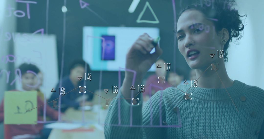 Woman Leading Brainstorming on Glass Board with Data Overlay and Sticky Notes for Team