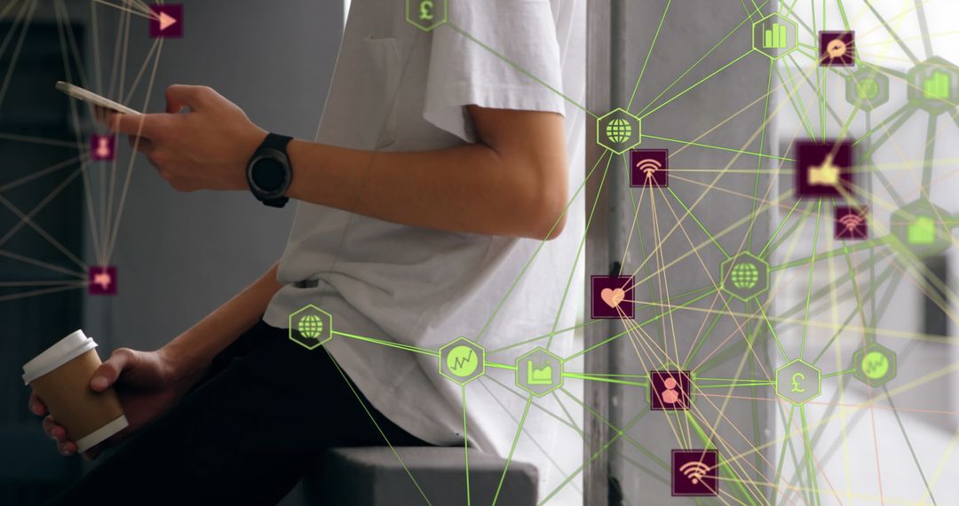 Man with Coffee Surrounded by Digital Network Nodes
