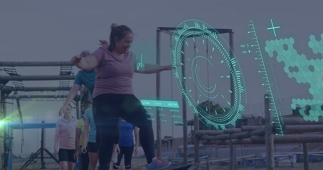 Diverse Women Conquering Obstacle Course with Digital Interface Overlay