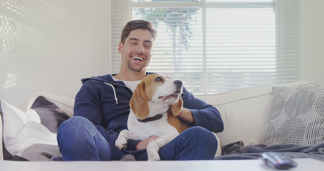 Smiling Young Man Relaxing on Couch with Beagle Dog - Free Images, Stock Photos and Pictures on Pikwizard.com