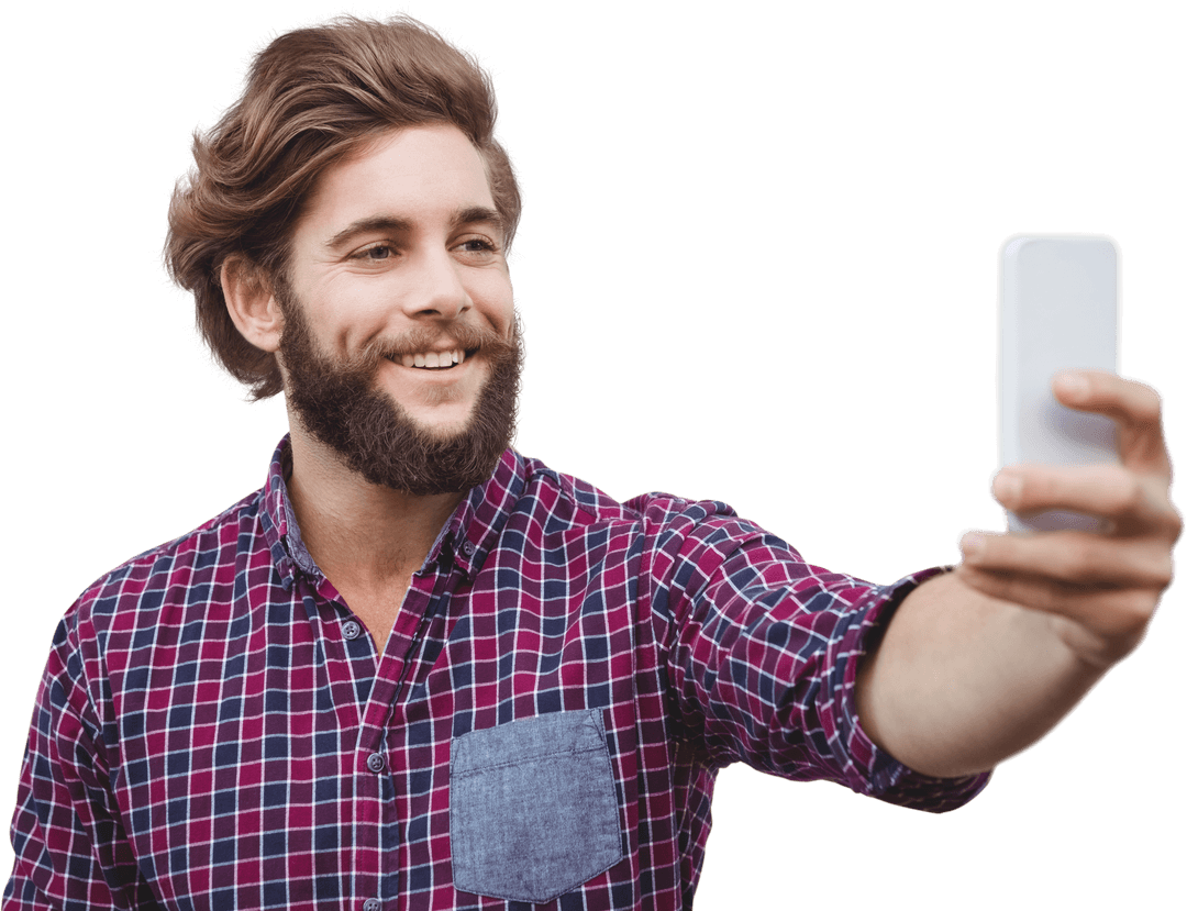 Bearded Hipster Smiling Taking Transparent Selfie
